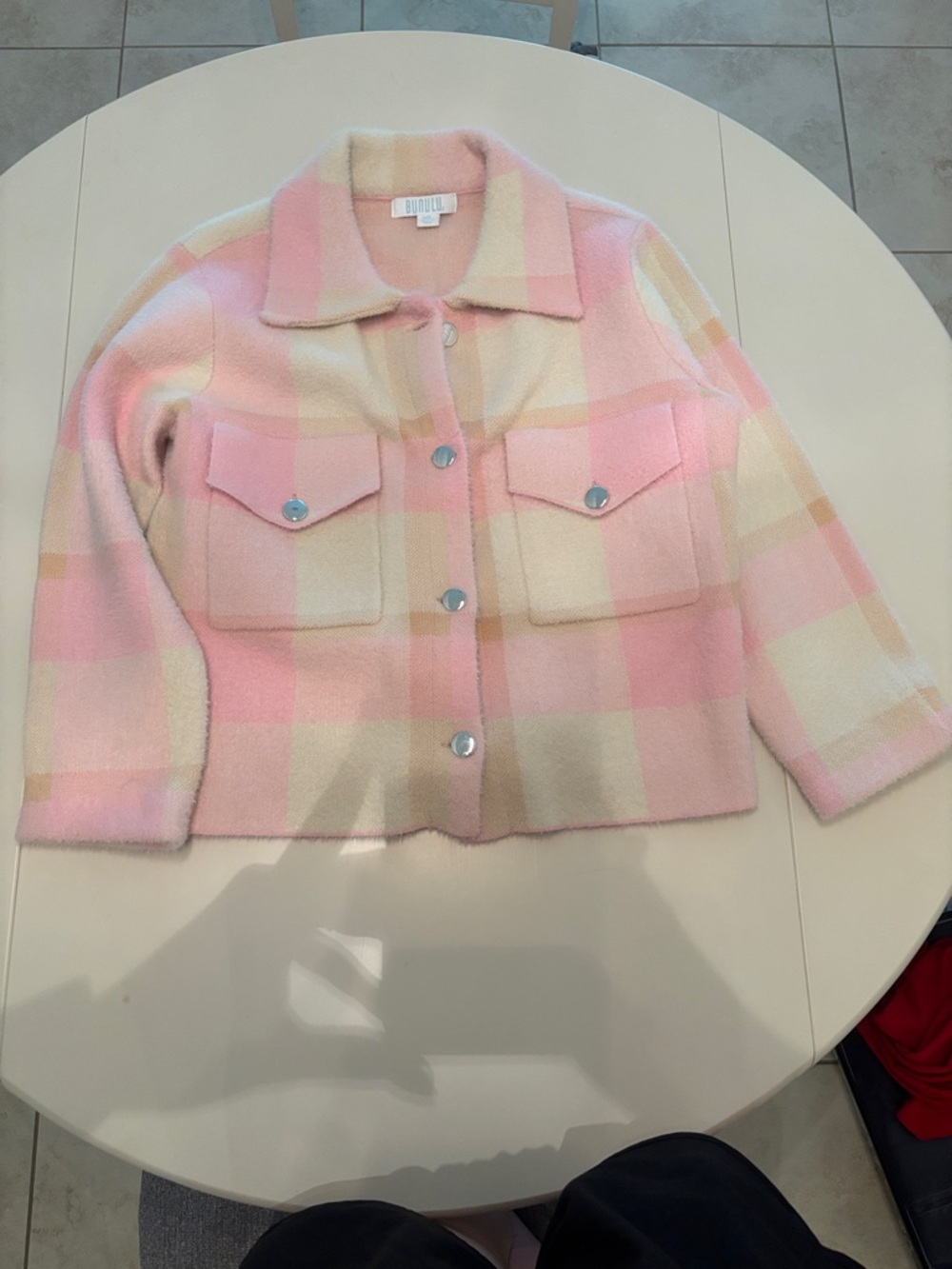 Bunulu Pink & Cream Plaid Cropped Jacket